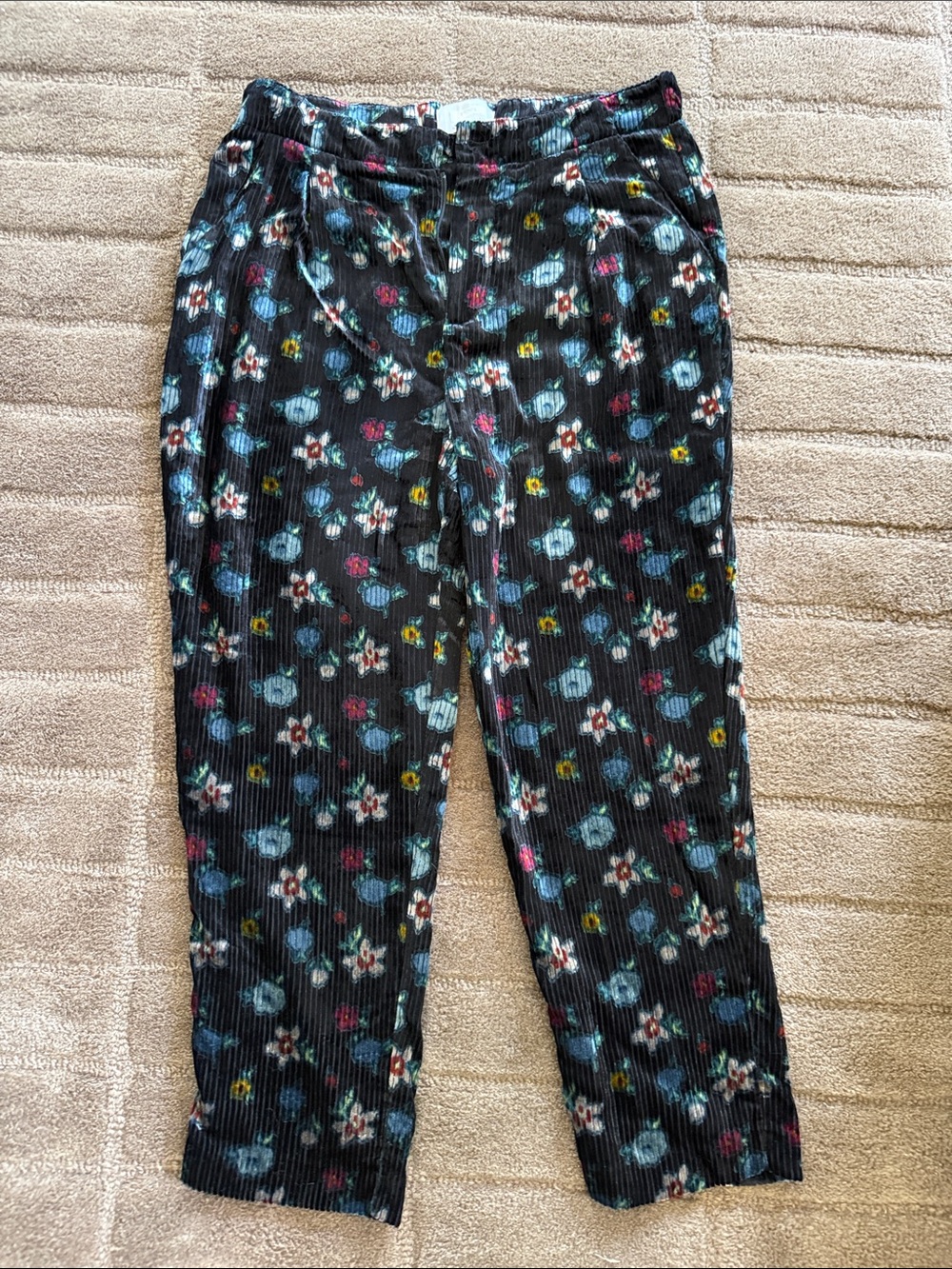 Anthropologie Black Velvet Floral-Print Pants